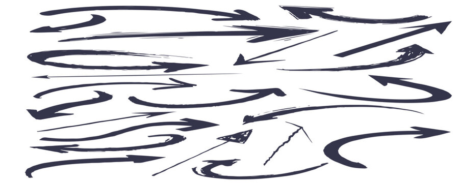 Arrows sketch pencil, texture line scribble arrow icon. Vector Hand drawn grunge crayon, dry brush, direction element on chalkboard. Black arrow crayon, brush, doodle chalk and line set.