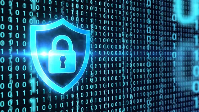 Digital security shield with lock and binary code background