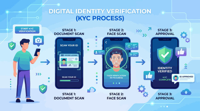 An illustrative flowchart demonstrating a three stage digital identity verification kyc process using mobile smartphone scanning and facial recognition technology