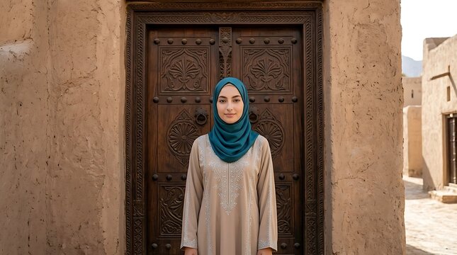 Woman in hijab standing before ancient Omani door in desert architecture