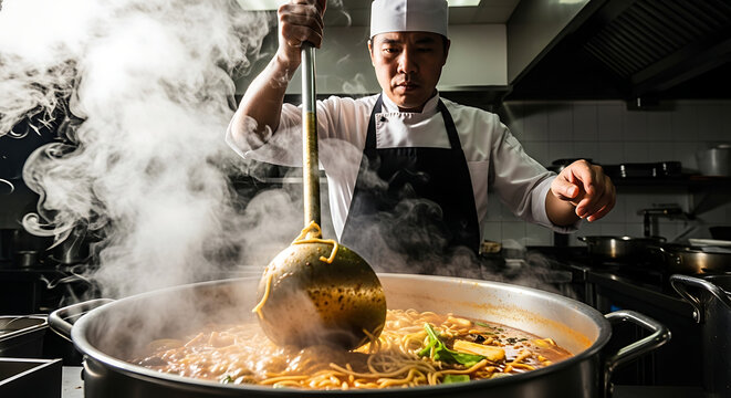 Chef Cooking Delicious Noodle Soup in Large Pot with Steam Rising