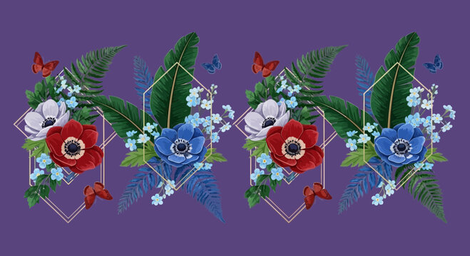 Floral pattern featuring anemones butterflies leaves and geometric frames