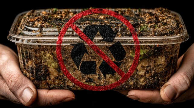 Hands hold a plastic container filled with soil and a crossed-out recycling symbol, highlighting non-recyclable waste or contamination concerns.