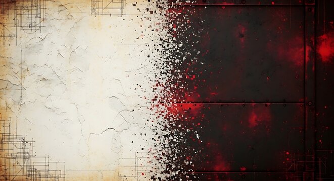 Abstract background featuring a stark contrast between a grimy white, cracked surface with faint schematics on the left and a dark, splattered red and black metallic surface on the right.
