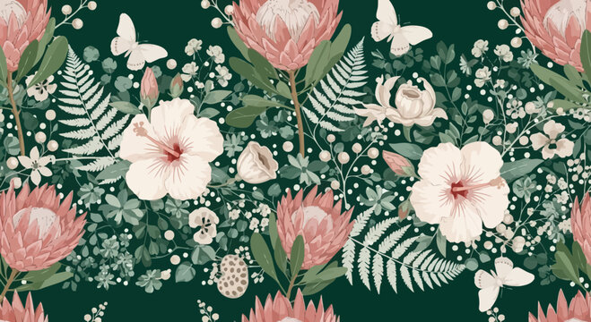 Floral pattern featuring protea flowers hibiscus butterflies and foliage design