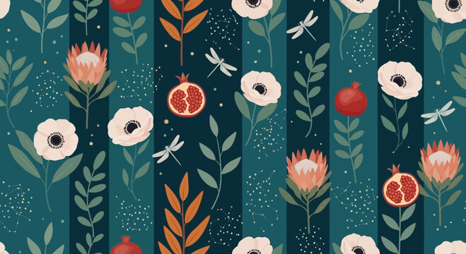 Floral pattern featuring protea flowers pomegranate and dragonflies on a teal background