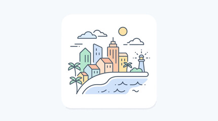 Obraz premium Coastal cityscape illustration buildings lighthouse and ocean view