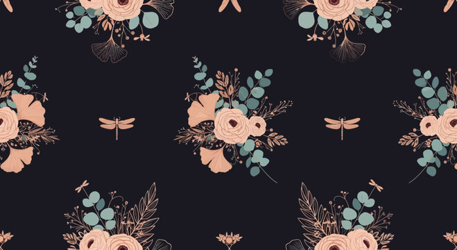 Floral pattern with blooms foliage and dragonfly elements on dark background