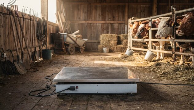 Medium shot of a digital weighing platform inside a rustic barn featuring cattle calmly waiting on an open pen area with visible barn tools and agricultural equipment.