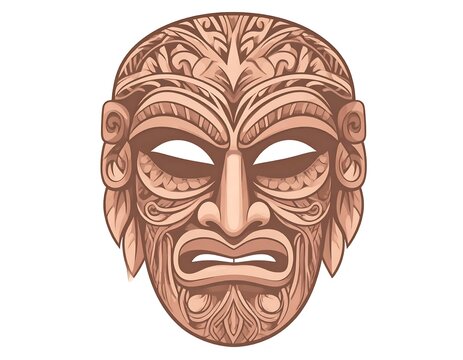 Maori Tribal Mask Illustration On White Background With Intricate Brown Swirl Patterns And Traditional Ethnic Polynesian Design Elements