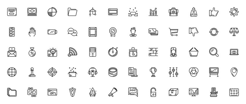 SEO icon set. Minimal vector icons pack. Symbols for password, money, pie chart, folder, connection, browser, label, analytics, email, security and more. Editable line stroke.