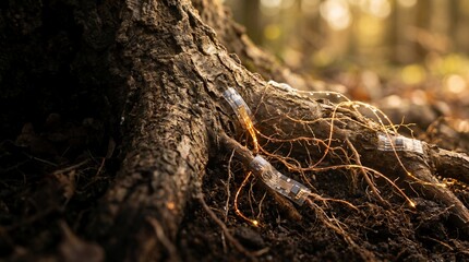 Fototapeta premium Tiny electronic sensors integrated into the roots of a tree illustrate the fusion of advanced modern technology with natural organic life in a forest environment