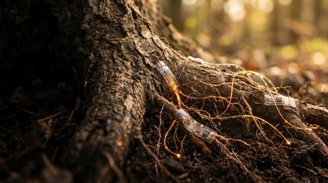 Tiny electronic sensors integrated into the roots of a tree illustrate the fusion of advanced modern technology with natural organic life in a forest environment