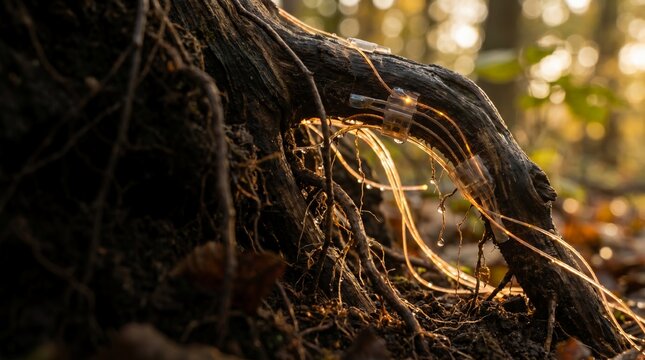 Glowing fiber optic cables wrapped around a dark tree root in a forest setting representing the connection between modern technology and the natural world today