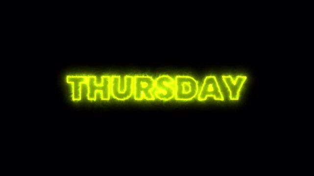 glowing neon thursday text animation on black background vibrant yellow futuristic typography calendar themed motion graphic 4k video