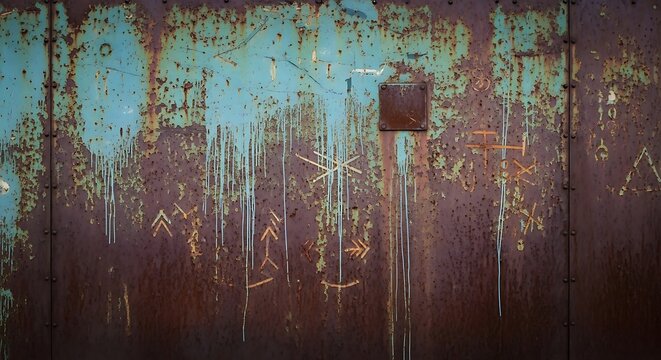 Weathered metal surface featuring aged blue paint with heavy oxidation marks rustic dripping residue patterns geometric scratches symbols engraved on dark brown iron industrial factory container wall.