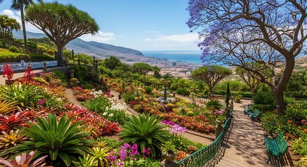Fototapeta premium Colorful Tropical Garden Overlooking Coastal City and Ocean From Sunny Hillside