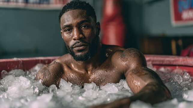 A muscular man relaxes in an ice bath, beads of water on his skin, highlighting recovery and endurance in a gym setting.