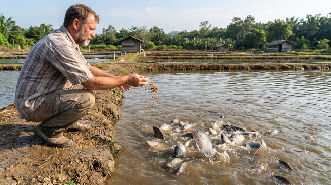 Farmer feeding fish in outdoor aquaculture ponds