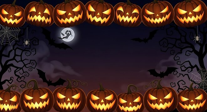 Glowing Jack O Lantern Border Framing Spooky Halloween Night Sky