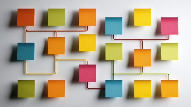 Colorful sticky notes arranged in a connected flowchart pattern on a white surface, illustrating organization and planning.