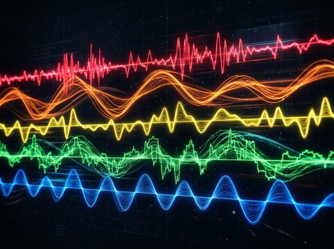 Multi-channel Data Waveforms: Vibrant Neon Audio Signals and Digital Frequency Analysis