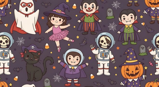 Cute Halloween Costume Characters Arranged on Dark Festive Pattern Background
