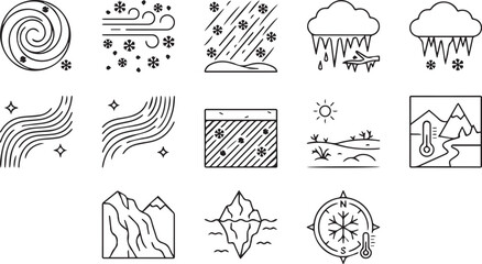 Black and White Weather and Nature Climate Outline Icon Set Vector Collection with Blizzard Wind Snow Ice Mountain Iceberg Desert and Compass Symbols © AponChandro