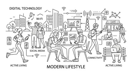 Obraz premium Line drawing illustration of people engaging in various modern lifestyle activities with digital technology and connectivity elements.
