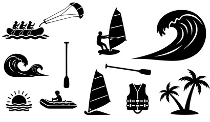 Adventure Water Sports Glyph Icons Featuring Rafting Windsurfing and Kitesurfing Activities © BijoyChandra