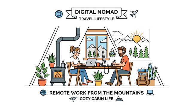 Illustration of a man and woman working remotely at a desk in a cozy cabin with a fireplace and mountain view.