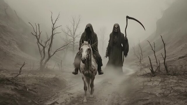Grim reaper riding a horse in a desolate landscape. Personification of death with a scythe traveling through a gloomy desert. Apocalyptic biblical prophecy theme.