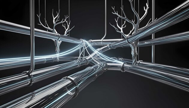 Realistic 3d technology system featuring dynamic spiral connections and ambient lighting