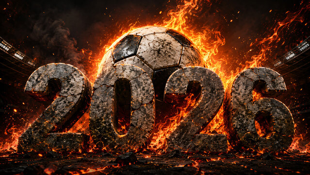Fiery 2026 text effect with burning soccer ball and explosive flame particles, dramatic sports championship concept artwork for football tournament promotion and event graphics