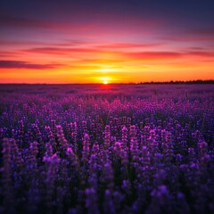 Obraz premium Vibrant Purple Lavender Field Glowing at Colorful Sunset in Open Countryside