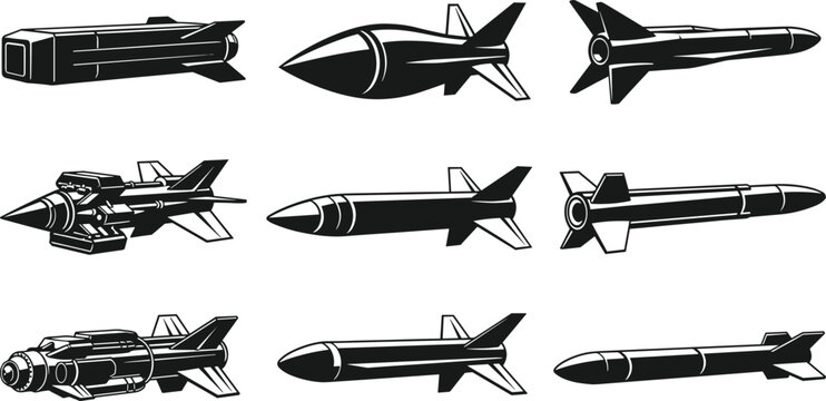 Black missile and rocket silhouettes arranged in grid showing diverse aerodynamic fin and nose designs for vector illustration