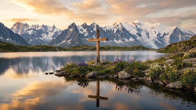 Wooden cross standing on lake shore against snow covered mountain range. Christian spiritual landscape with reflection on water. Religious symbol in nature scenery.