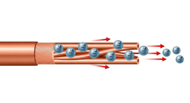Copper wire with flowing electrons and red arrows indicating direction.