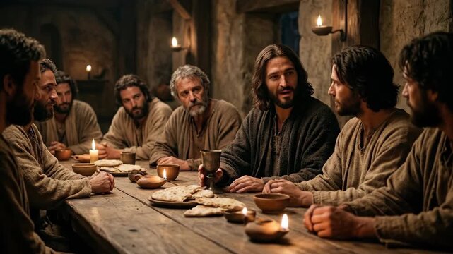 Jesus Christ and apostles sitting at a long wooden table during the last supper. Religious historical scene with bread and wine at a candlelit dinner gathering.