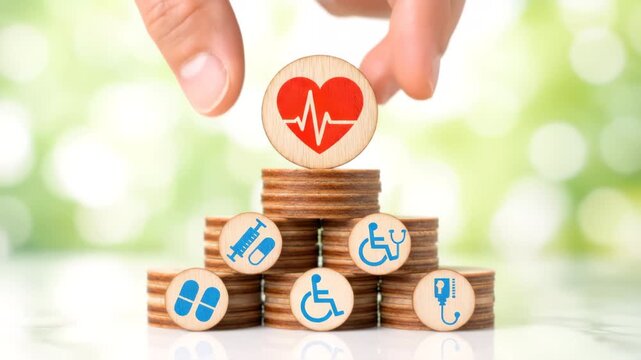 A hand places a heart coin on healthcare cost stacks.