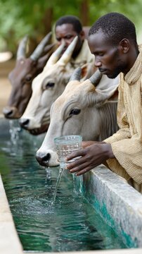 East African pastoralists guide cattle to a modern solar powered water well in a dry landscape showcasing community resilience and adaptation.