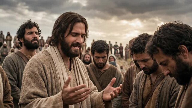 Jesus Christ teaching a group of followers on a hillside. Biblical scene featuring a man speaking to men about religion. Historical religious cinematic concept.