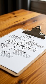 Medical Clipboard with Ventricular Tachycardia Diagram Resting on Wooden Table