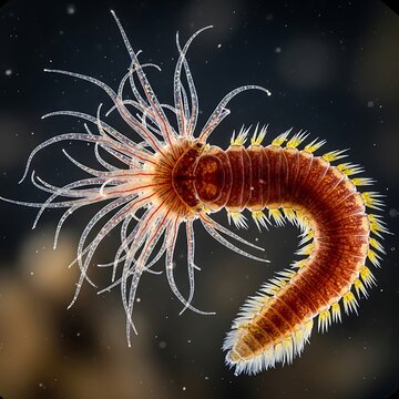 Colorful Marine Bristle Worm Floating in Dark Underwater Macro Scene