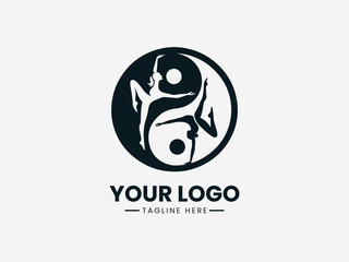 Obraz premium Black and white logo template with a dynamic figure kicking a ball in a circle on a clean white background.