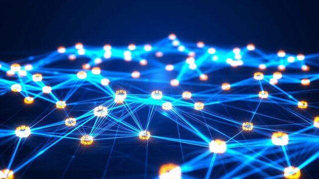 Abstract animation of a glowing digital data network with connecting nodes