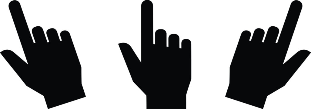 Hand pointing gesture silhouette vector set showing upward finger icons for cursor, signage, and interaction design use