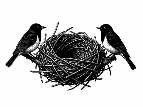 Blackbirds Nesting in a Woven Nest Structure Illustration