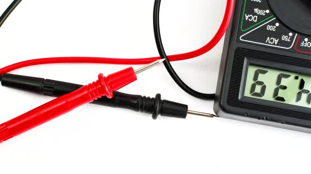 Close-up of a multimeter on a clear surface, highlighting precision and versatility for electrical measurements.