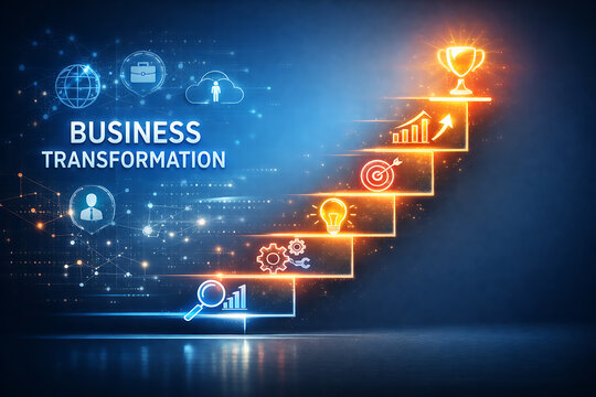 Business transformation concept with icons on a staircase leading to success
